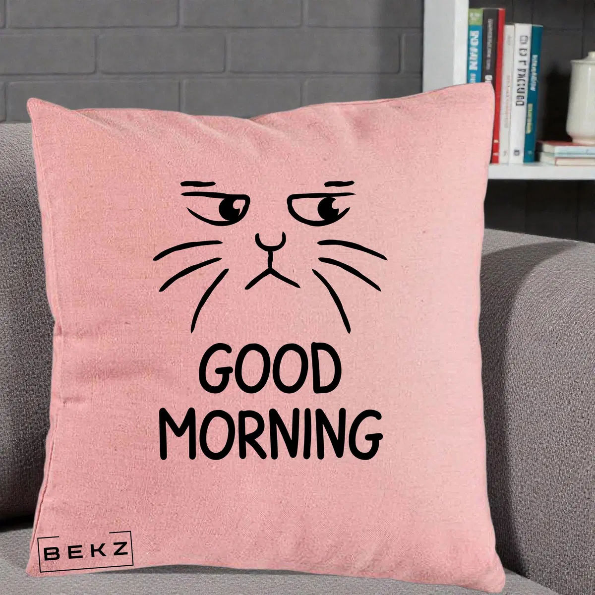 Perna Decorativa Pisica Morocanoasa Good Morning, 40x40 cm, Roz, Husa Detasabila, Perna, BEKZ®