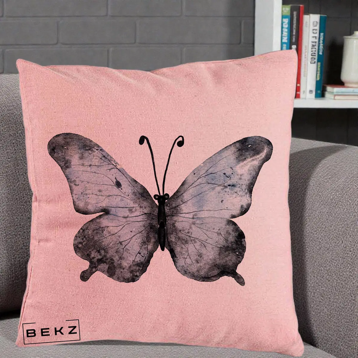 Perna Decorativa Fluture Acuarela Albastru-Gri, 40x40 cm, Roz, Husa Detasabila, Perna, BEKZ®