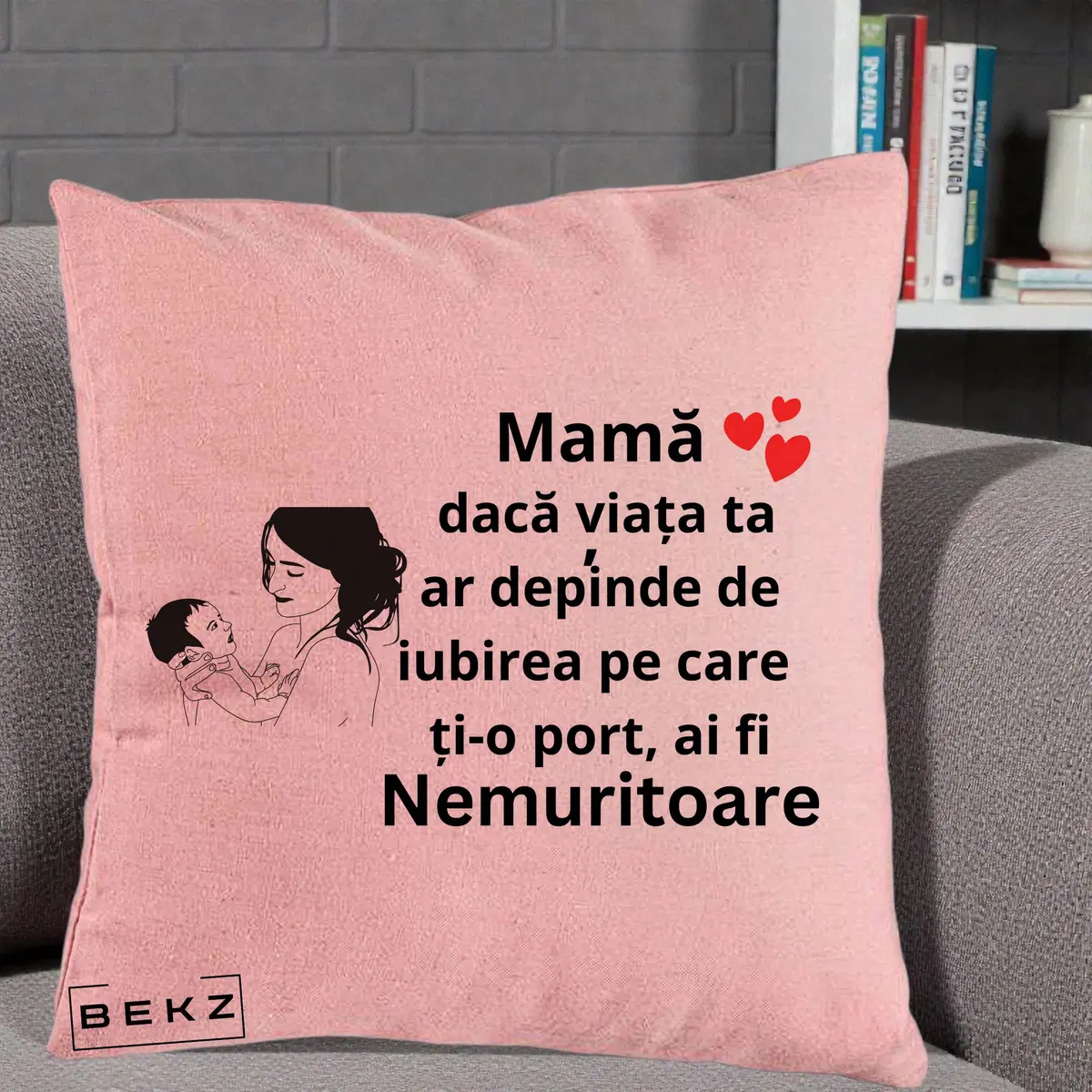 Perna Decorativa Mama Nemuritoare Imbratisare Copil, 40x40 cm, Roz, Husa Detasabila, Perna, BEKZ®