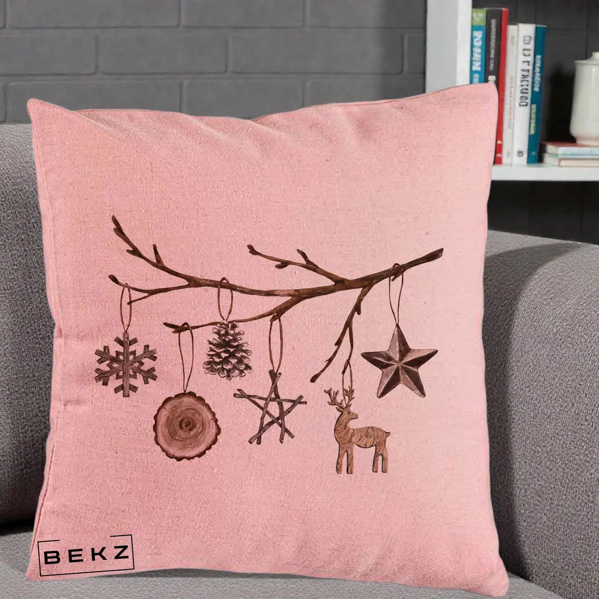 Perna Decorativa Ornamente de Lemn pe Ramura, 40x40 cm, Roz, Husa Detasabila, Perna, BEKZ®