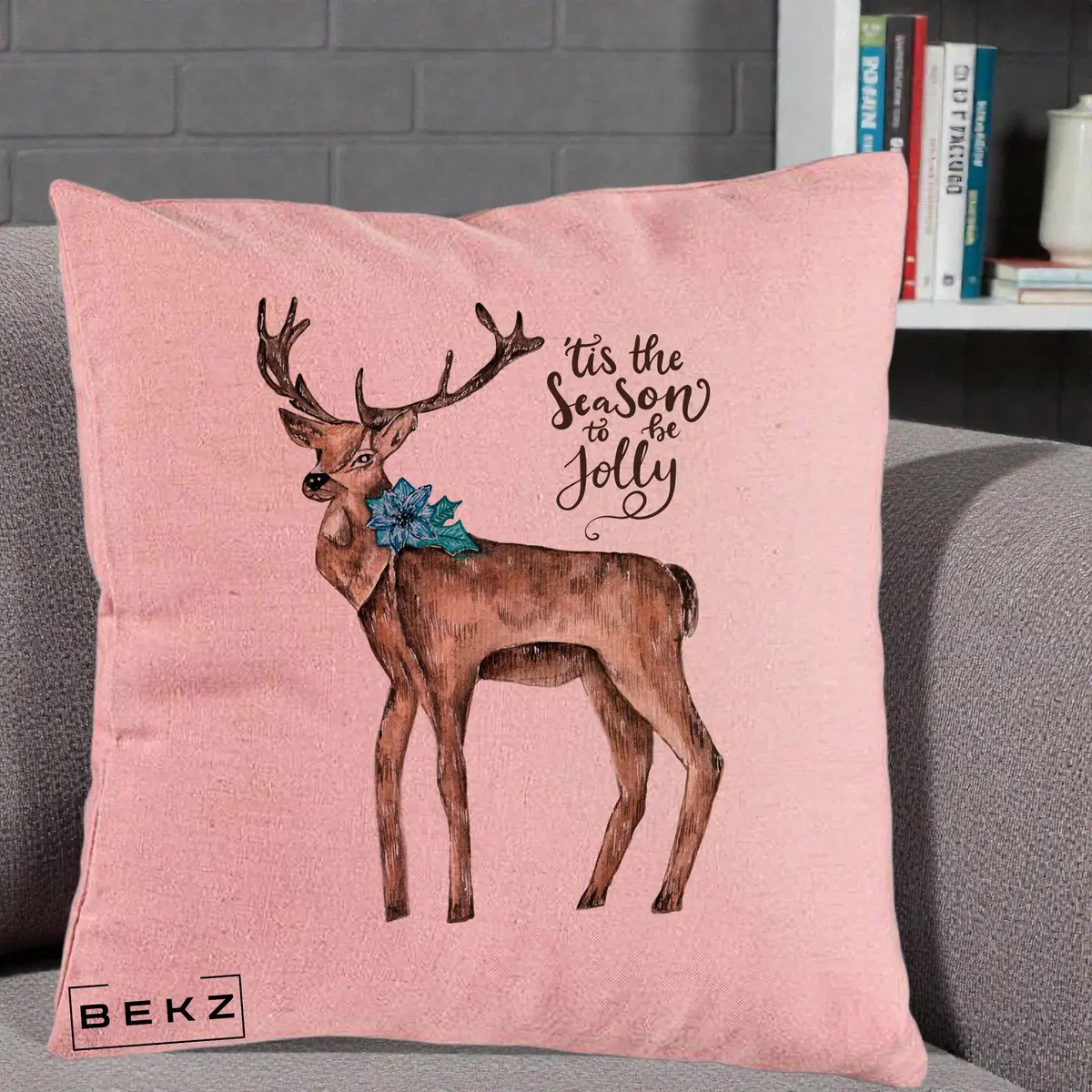 Perna Decorativa Ren Tis the Season to be Jolly, 40x40 cm, Roz, Husa Detasabila, Perna, BEKZ®