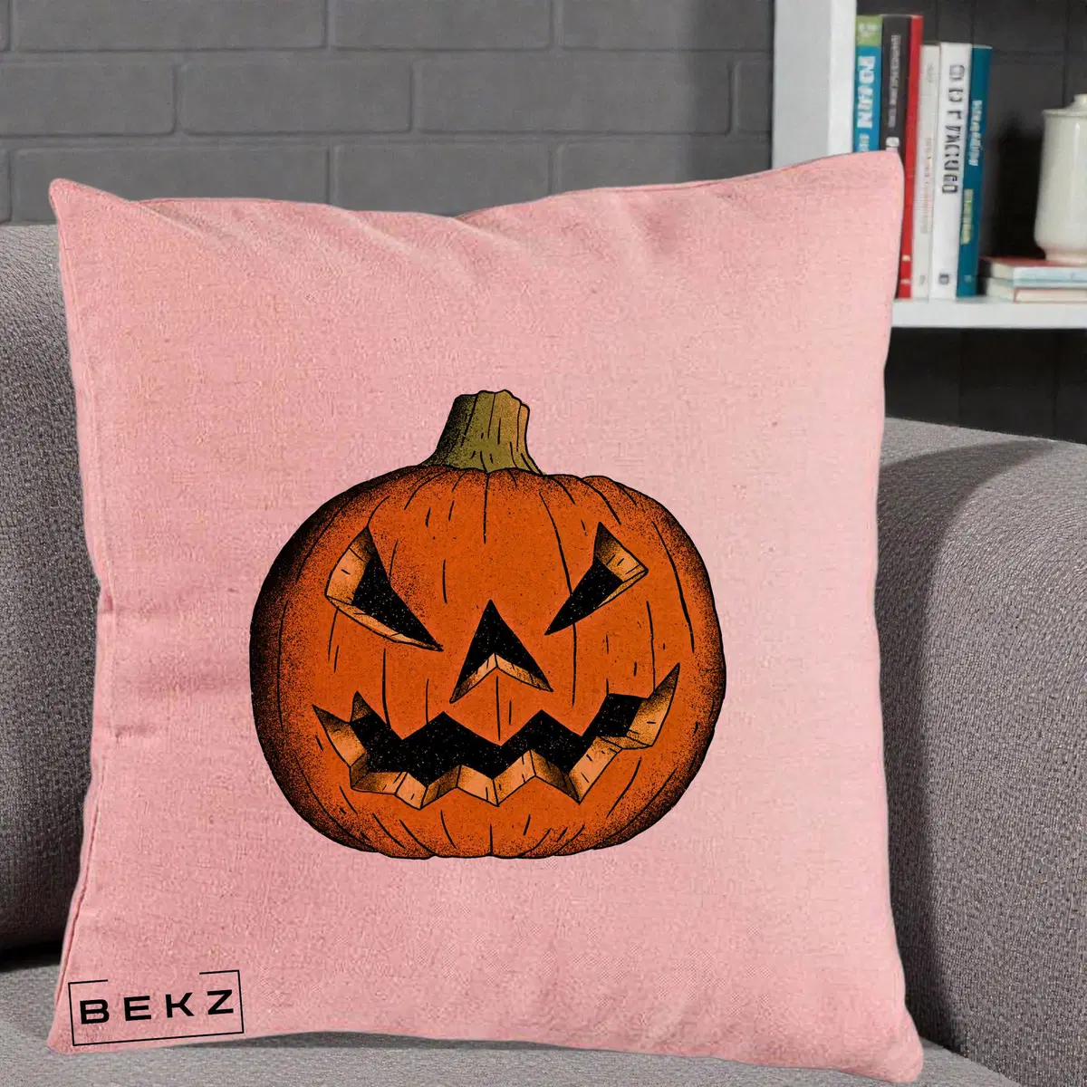 Perna Decorativa Halloween Dovleac Portocaliu Clasic, 40x40 cm, Roz, Husa Detasabila, Perna, BEKZ®