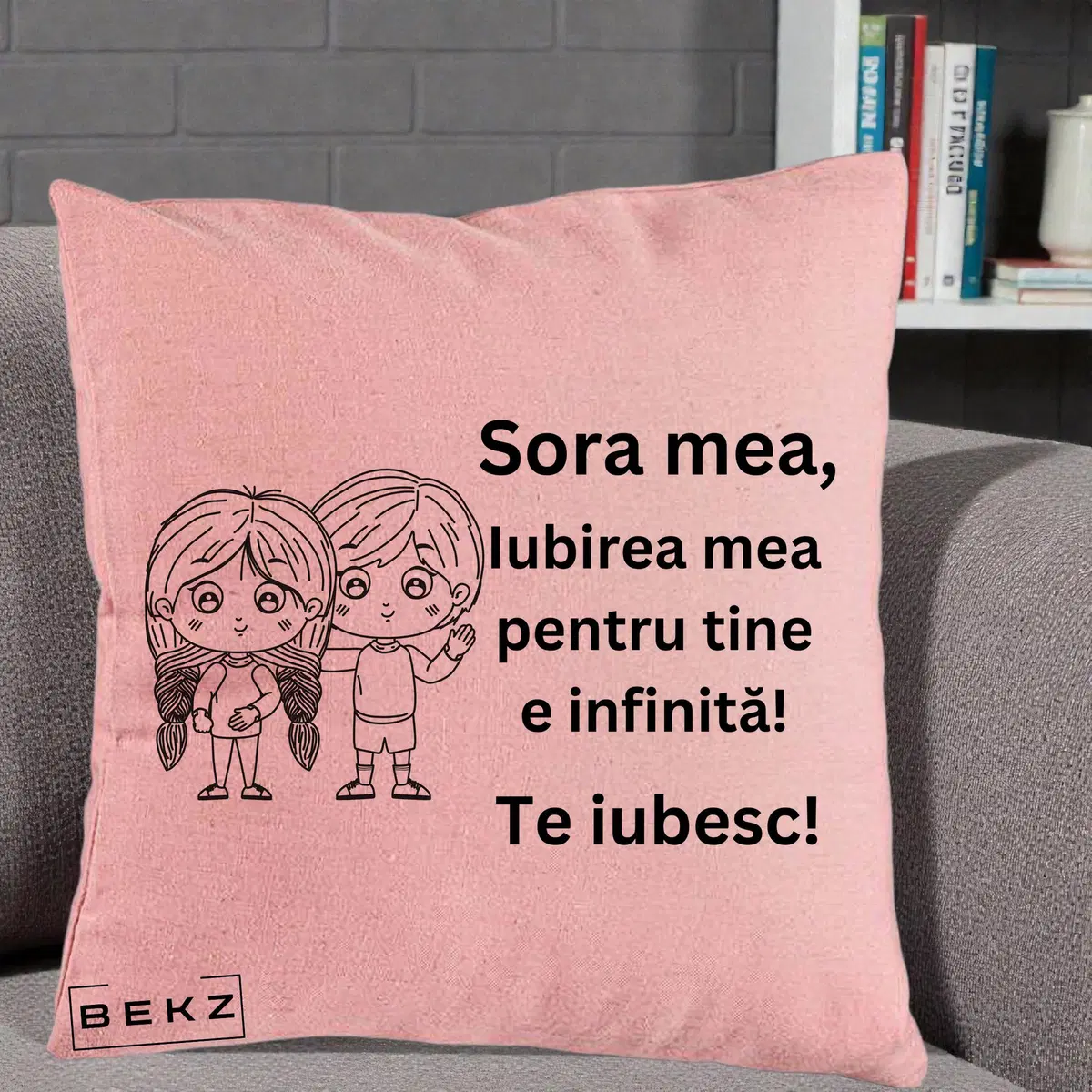 Perna Decorativa Sora Mea Te Iubesc Copii Anime Line Art, 40x40 cm, Roz, Husa Detasabila, Perna, BEKZ®