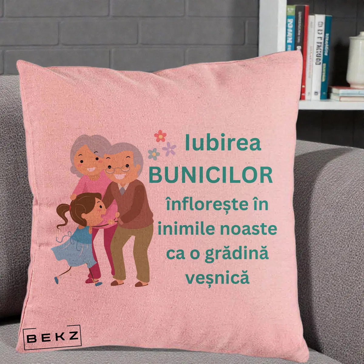 Perna Decorativa Bunicii Iubirea Infloreste cu Nepoata Teal, 40x40 cm, Roz, Husa Detasabila, Perna, BEKZ®