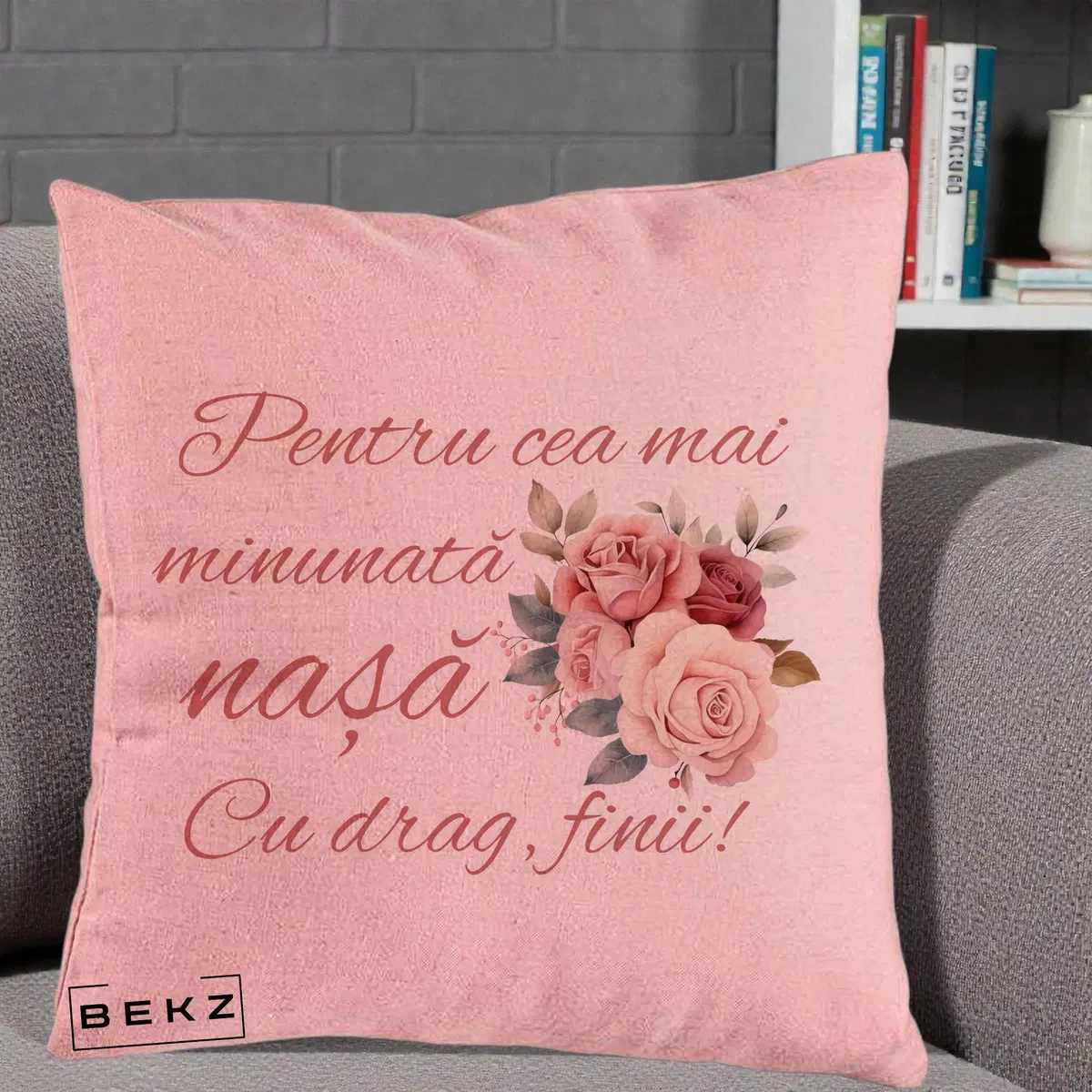 Perna Decorativa Pentru Cea mai Minunata Nasa Cu drag Finii, 40x40 cm, Roz, Husa Detasabila, Perna, BEKZ®