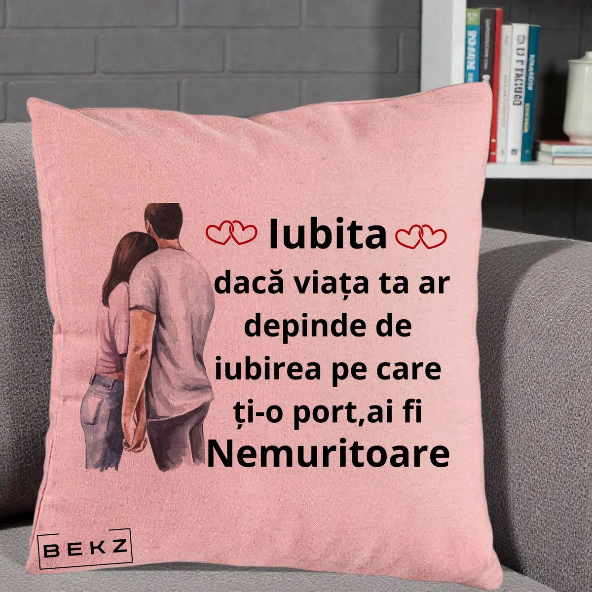 Perna Decorativa Iubitu Nemuritor cu Cuplu Acuarela si Inimi Rosii, 40x40 cm, Roz, Husa Detasabila, Perna, BEKZ®
