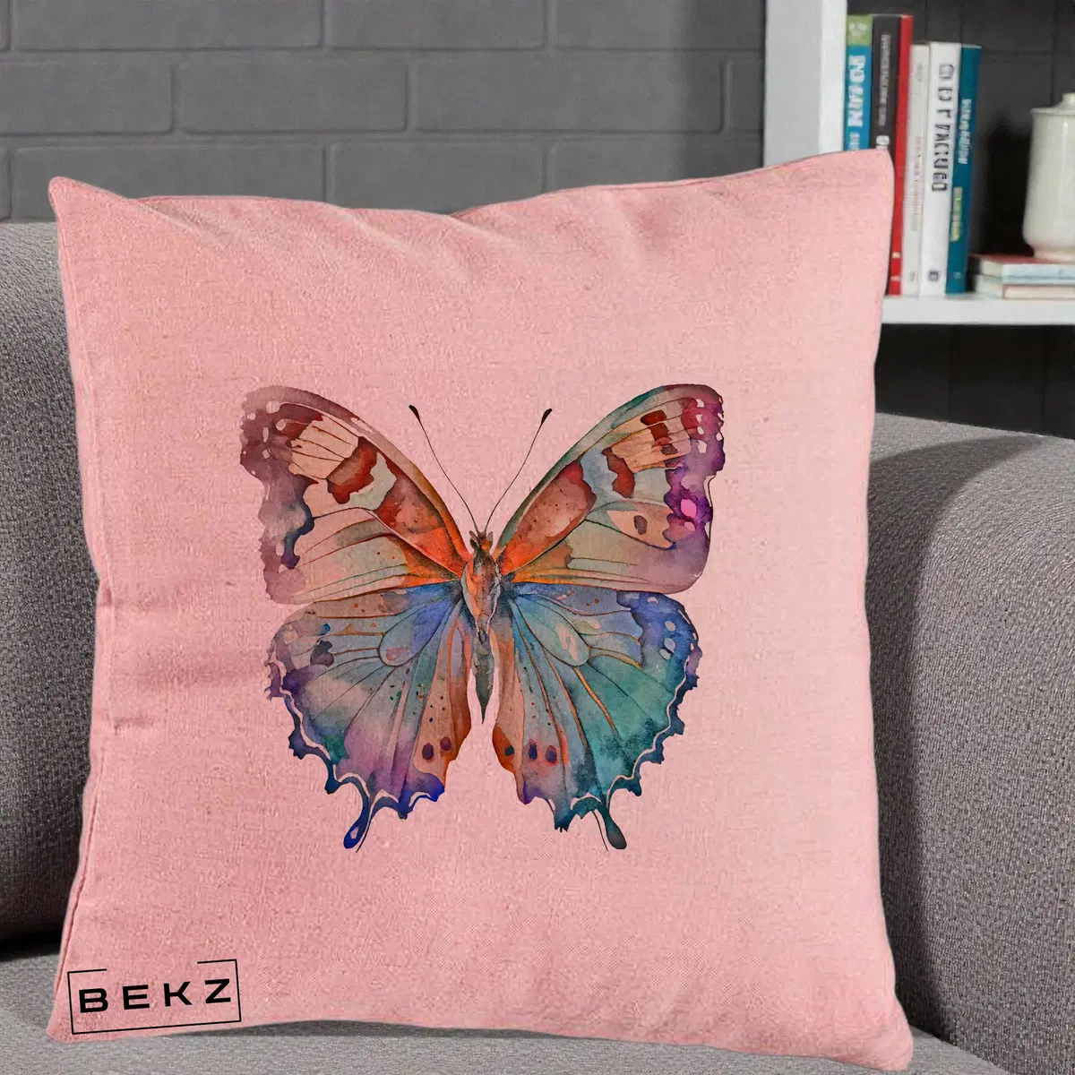 Perna Decorativa Pasare Martin Pescar Acuarela Albastru-Mov, 40x40 cm, Roz, Husa Detasabila, Perna, BEKZ®