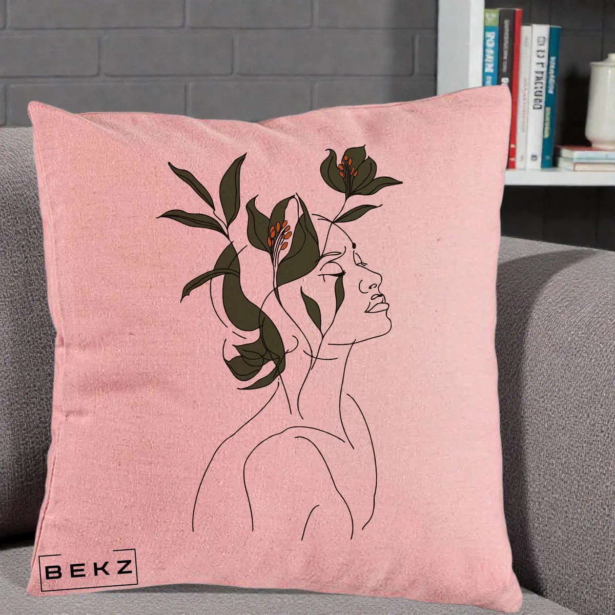 Perna Decorativa Portret Feminin Crin Verde, 40x40 cm, Roz, Husa Detasabila, Perna, BEKZ®