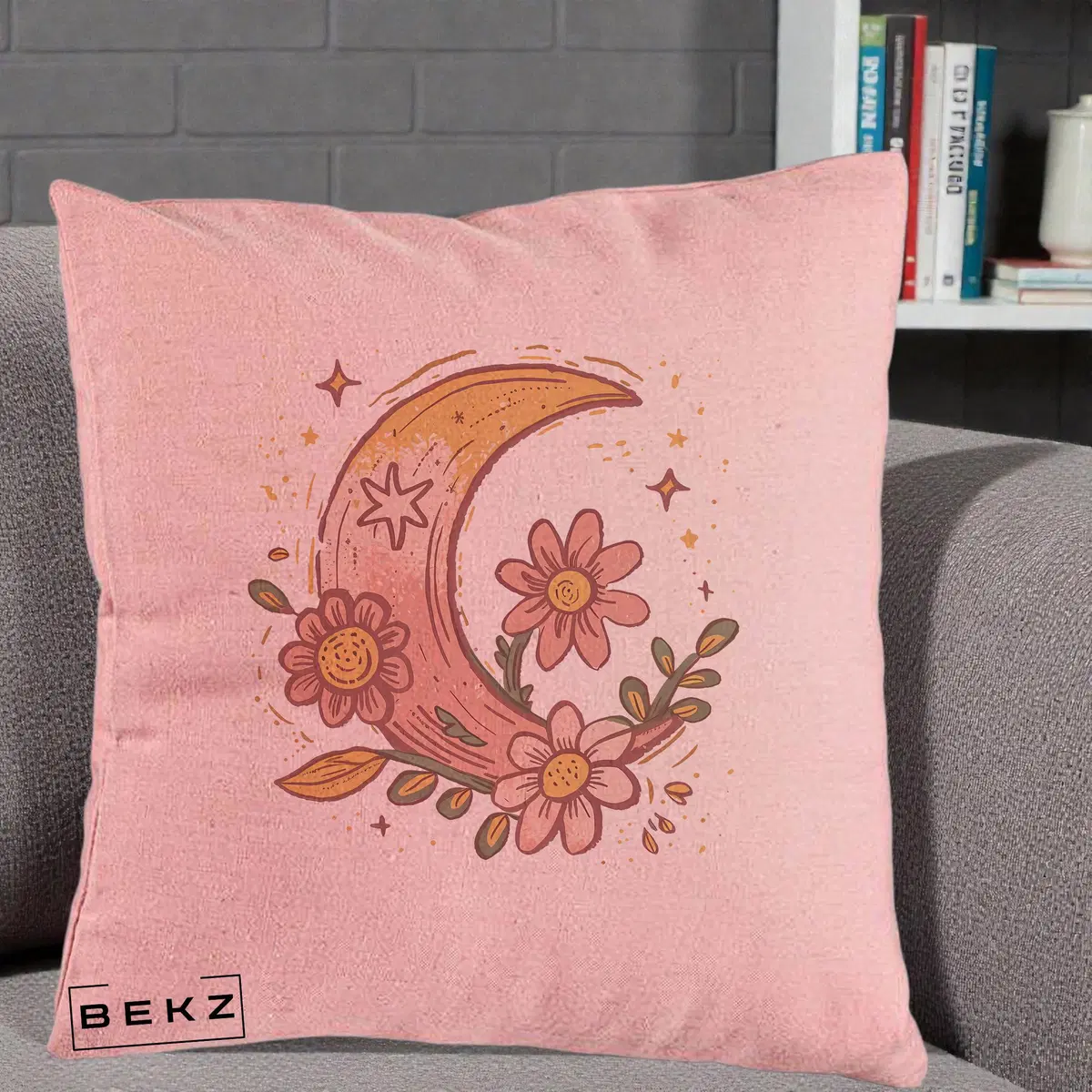 Perna Decorativa Luna Florala Boho, 40x40 cm, Roz, Husa Detasabila, Perna, BEKZ®