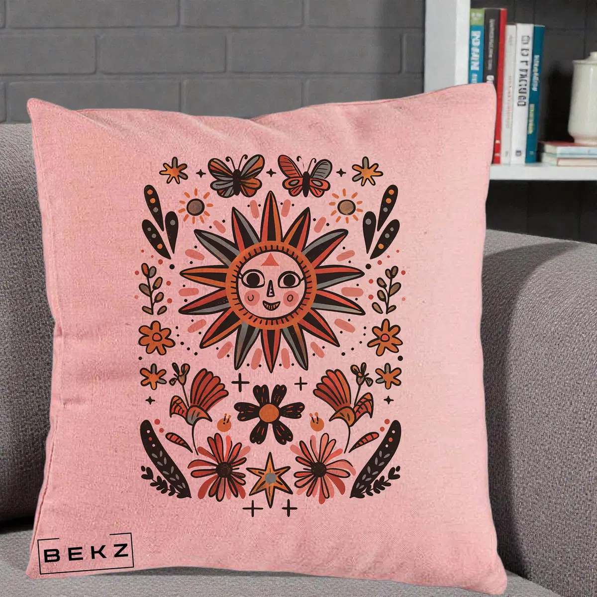 Perna Decorativa Soare Boho Folk Fluturi, 40x40 cm, Roz, Husa Detasabila, Perna, BEKZ®