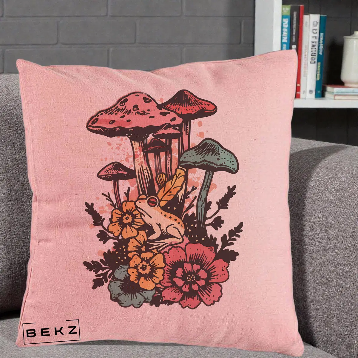 Perna Decorativa Ciuperci si Broaste Boho, 40x40 cm, Roz, Husa Detasabila, Perna, BEKZ®