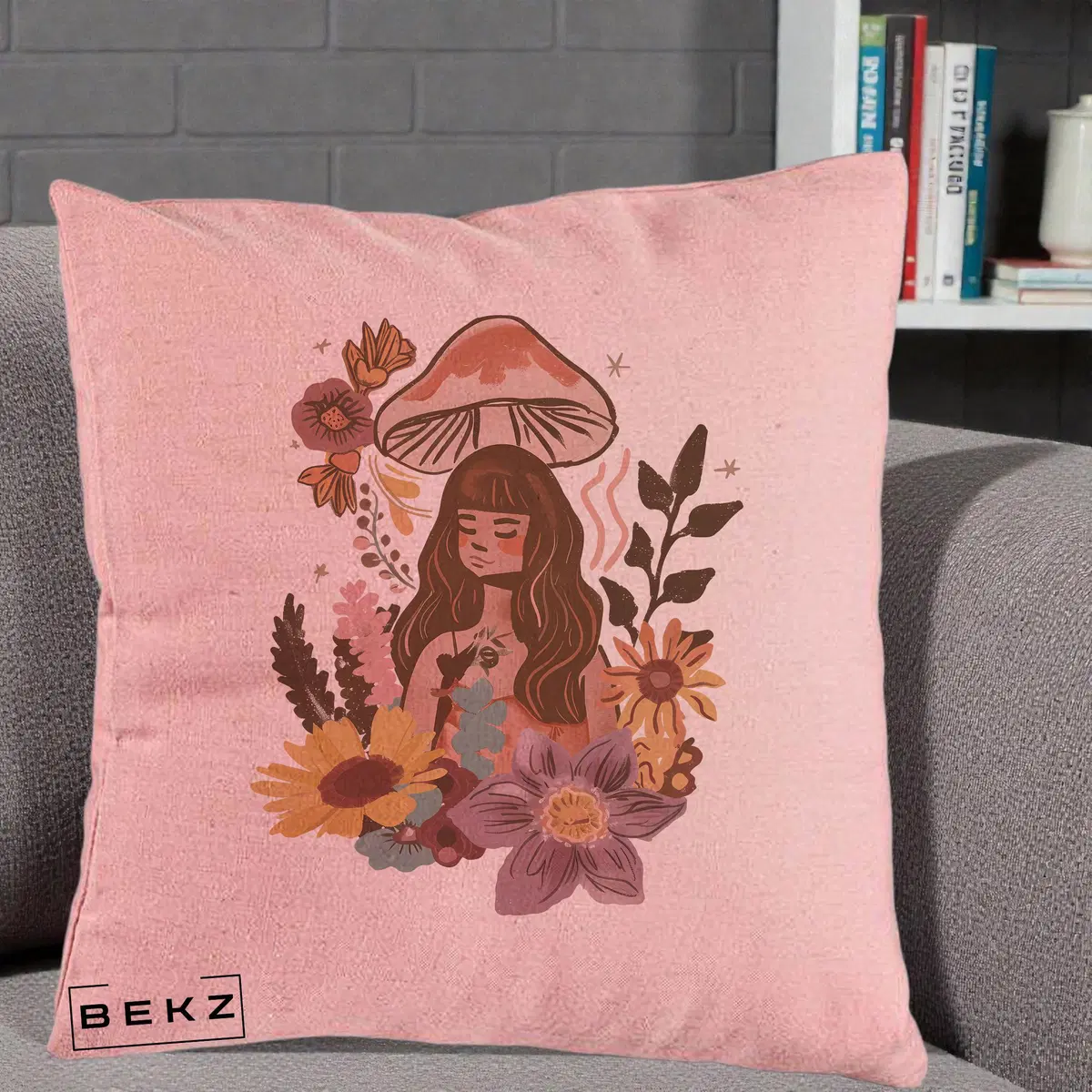 Perna Decorativa Fata Ciuperca Boho Florala, 40x40 cm, Roz, Husa Detasabila, Perna, BEKZ®