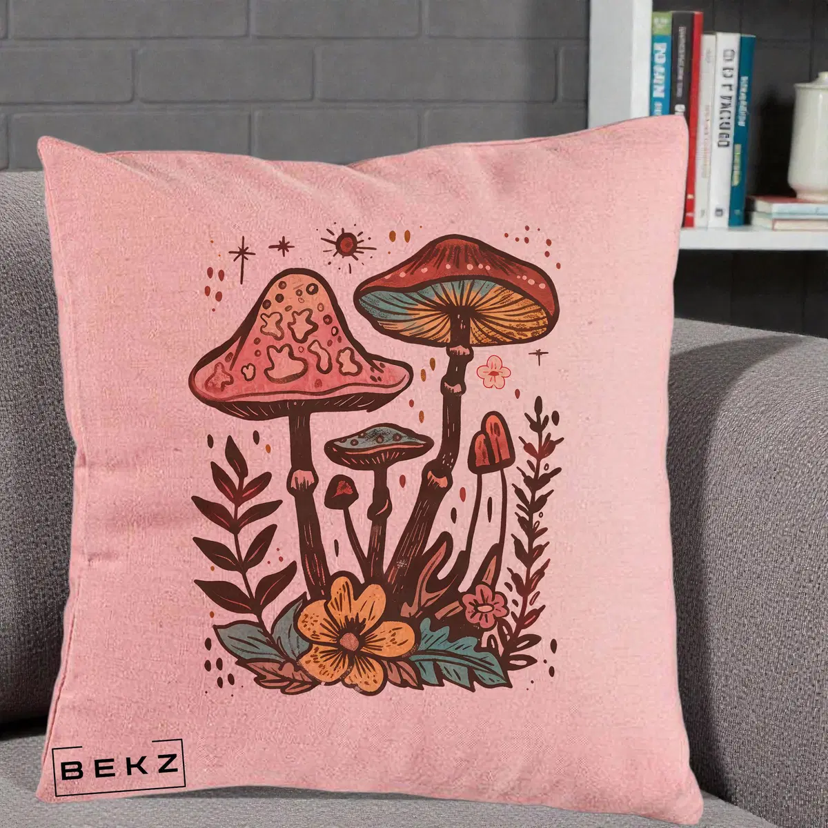 Perna Decorativa Ciuperci Boho Multicolore, 40x40 cm, Roz, Husa Detasabila, Perna, BEKZ®