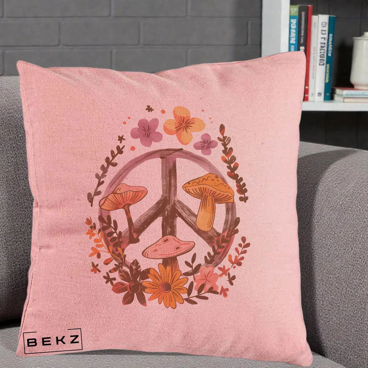 Perna Decorativa Peace Sign Ciuperci Floral, 40x40 cm, Roz, Husa Detasabila, Perna, BEKZ®