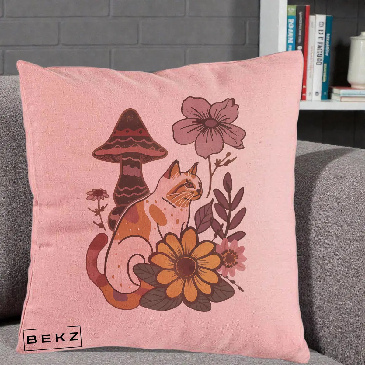 Perna Decorativa Pisica Vintage Florala Boho, 40x40 cm, Roz, Husa Detasabila, Perna, BEKZ®