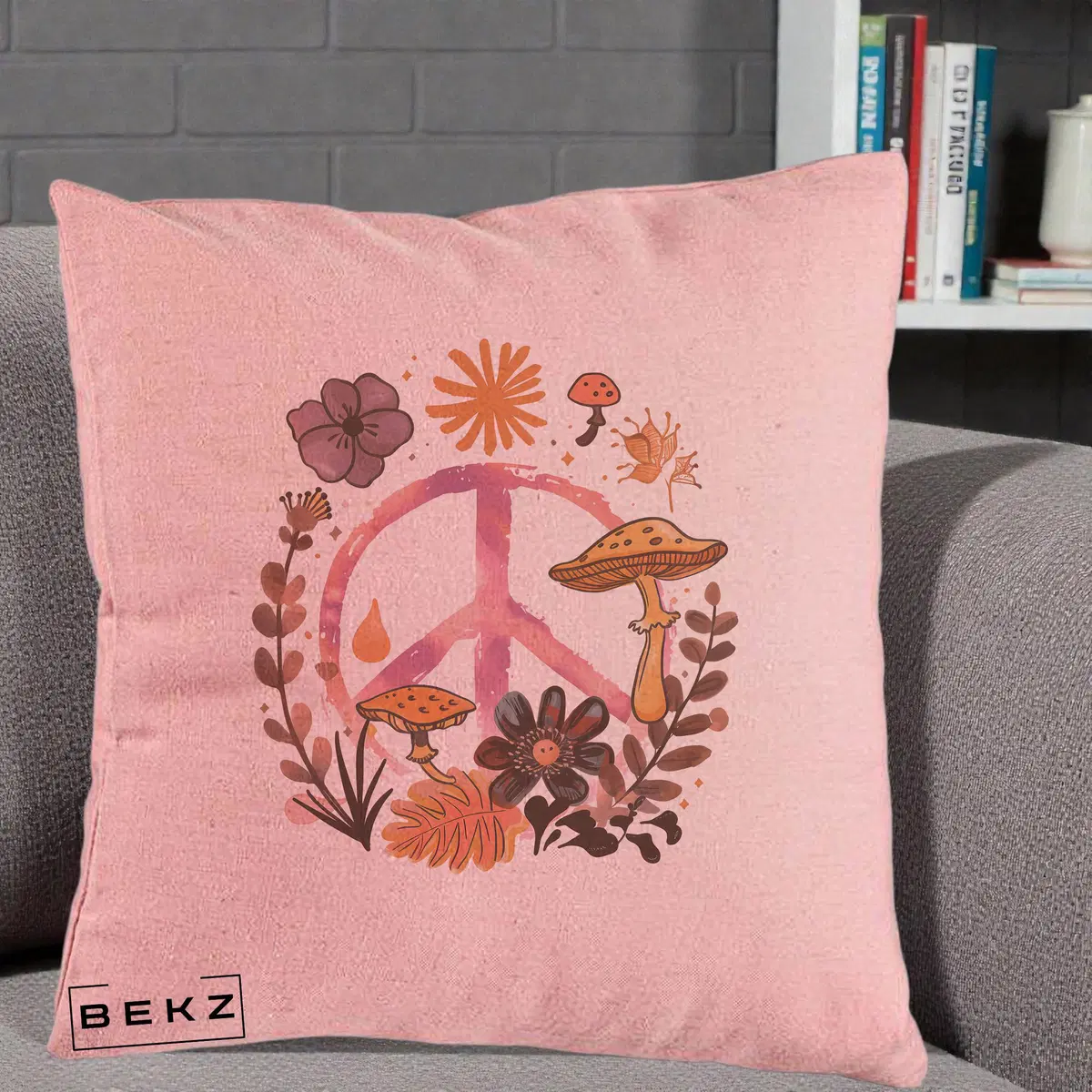 Perna Decorativa Peace Ciuperci Boho, 40x40 cm, Roz, Husa Detasabila, Perna, BEKZ®
