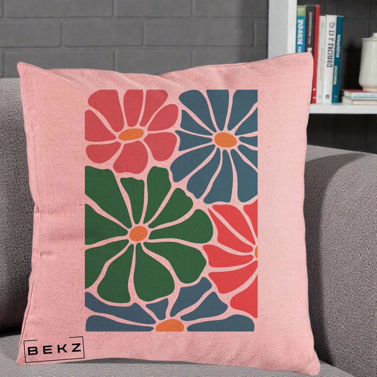 Perna Decorativa Flori Grafice Verde-Roz-Albastru, 40x40 cm, Roz, Husa Detasabila, Perna, BEKZ®