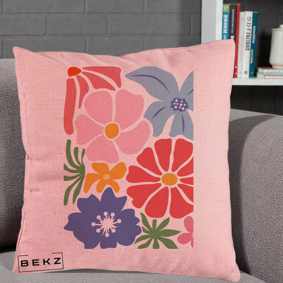 Perna Decorativa Flori Grafice Roz-Rosu-Albastru, 40x40 cm, Roz, Husa Detasabila, Perna, BEKZ®