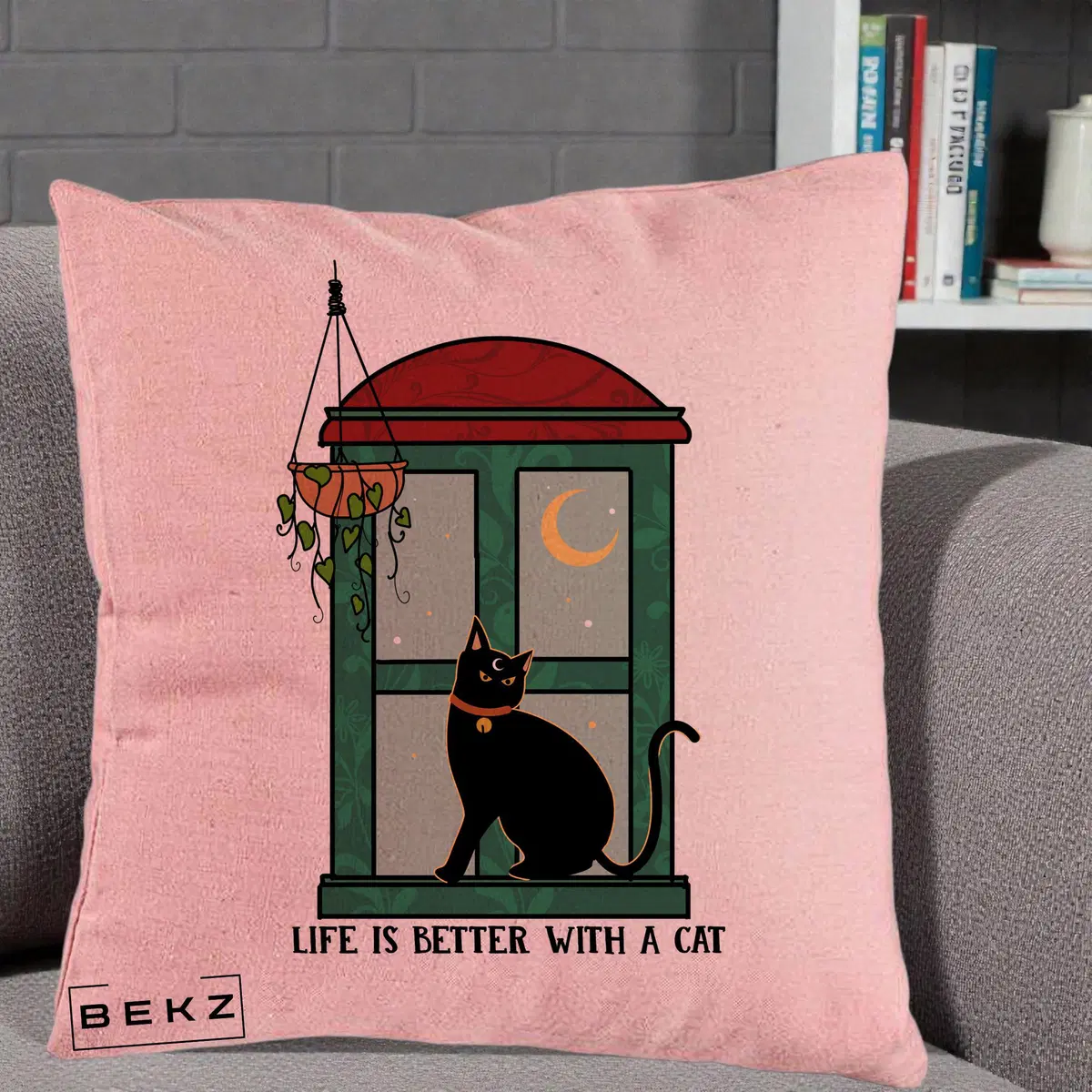 Perna Decorativa Life is Better with a Cat Geam, 40x40 cm, Roz, Husa Detasabila, Perna, BEKZ®