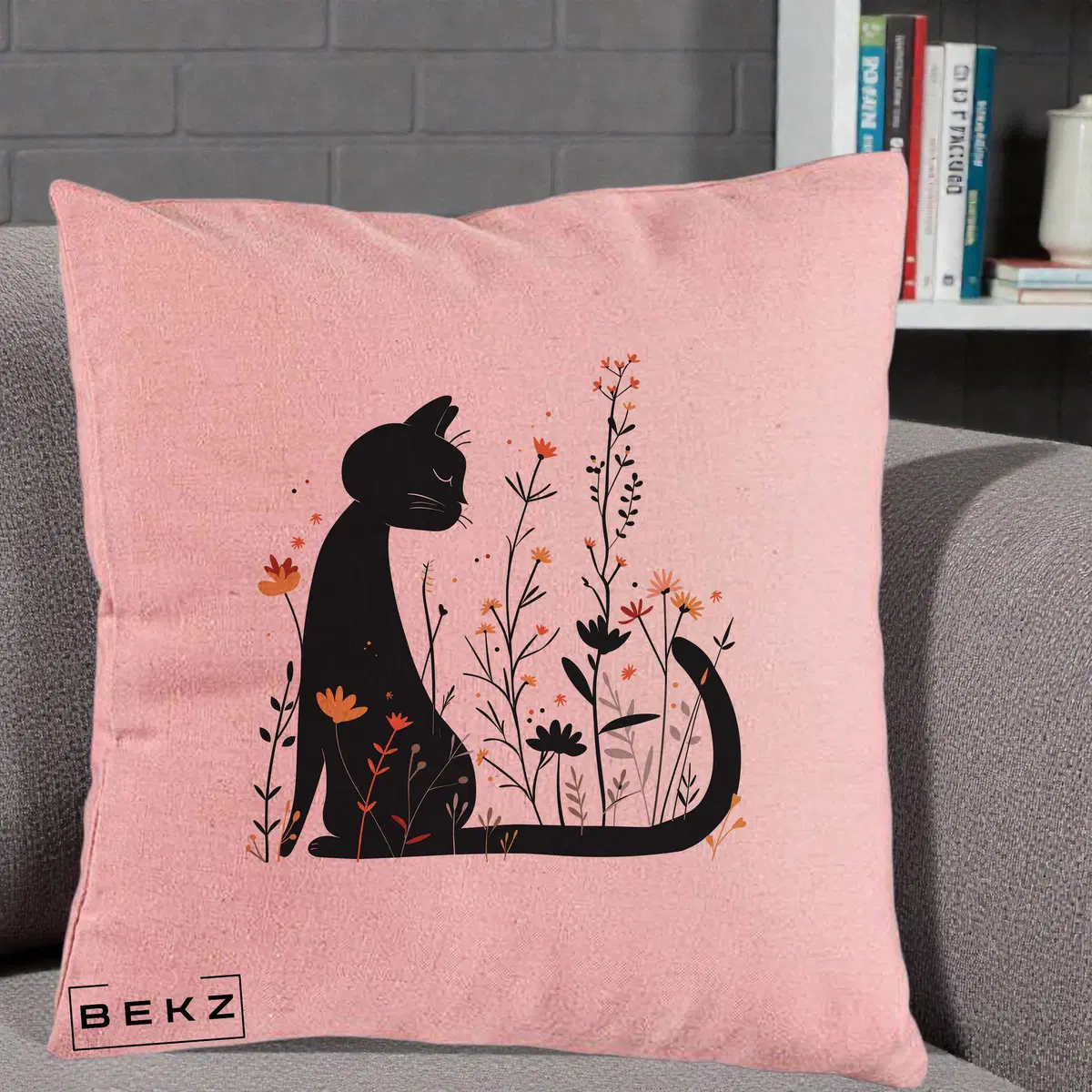 Perna Decorativa Pisica Neagra Flori Portocalii Silueta, 40x40 cm, Roz, Husa Detasabila, Perna, BEKZ®