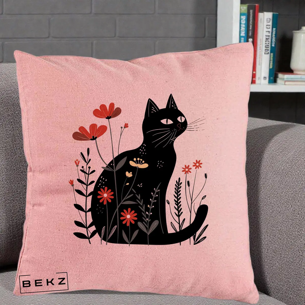 Perna Decorativa Pisica Neagra Flori Rosii Folk, 40x40 cm, Roz, Husa Detasabila, Perna, BEKZ®