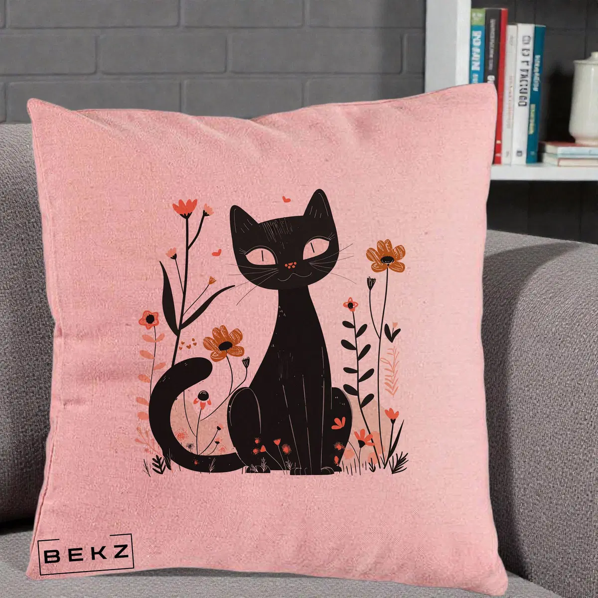 Perna Decorativa Pisica Neagra Flori Pastel Folk, 40x40 cm, Roz, Husa Detasabila, Perna, BEKZ®