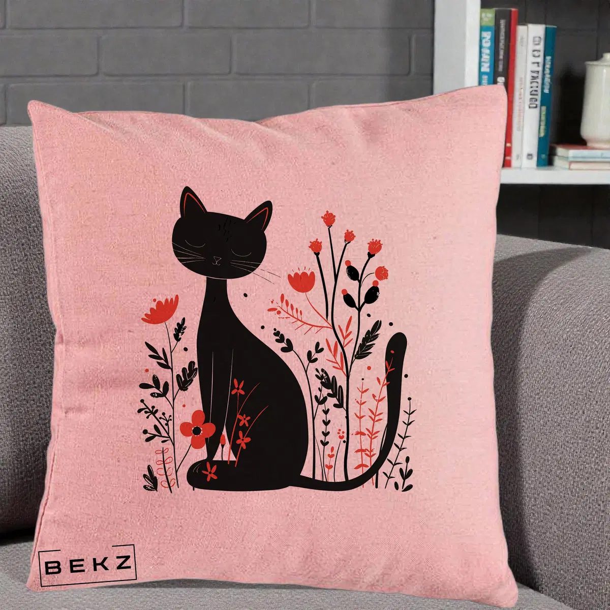 Perna Decorativa Pisica Neagra Flori Rosii Folk Minimal, 40x40 cm, Roz, Husa Detasabila, Perna, BEKZ®