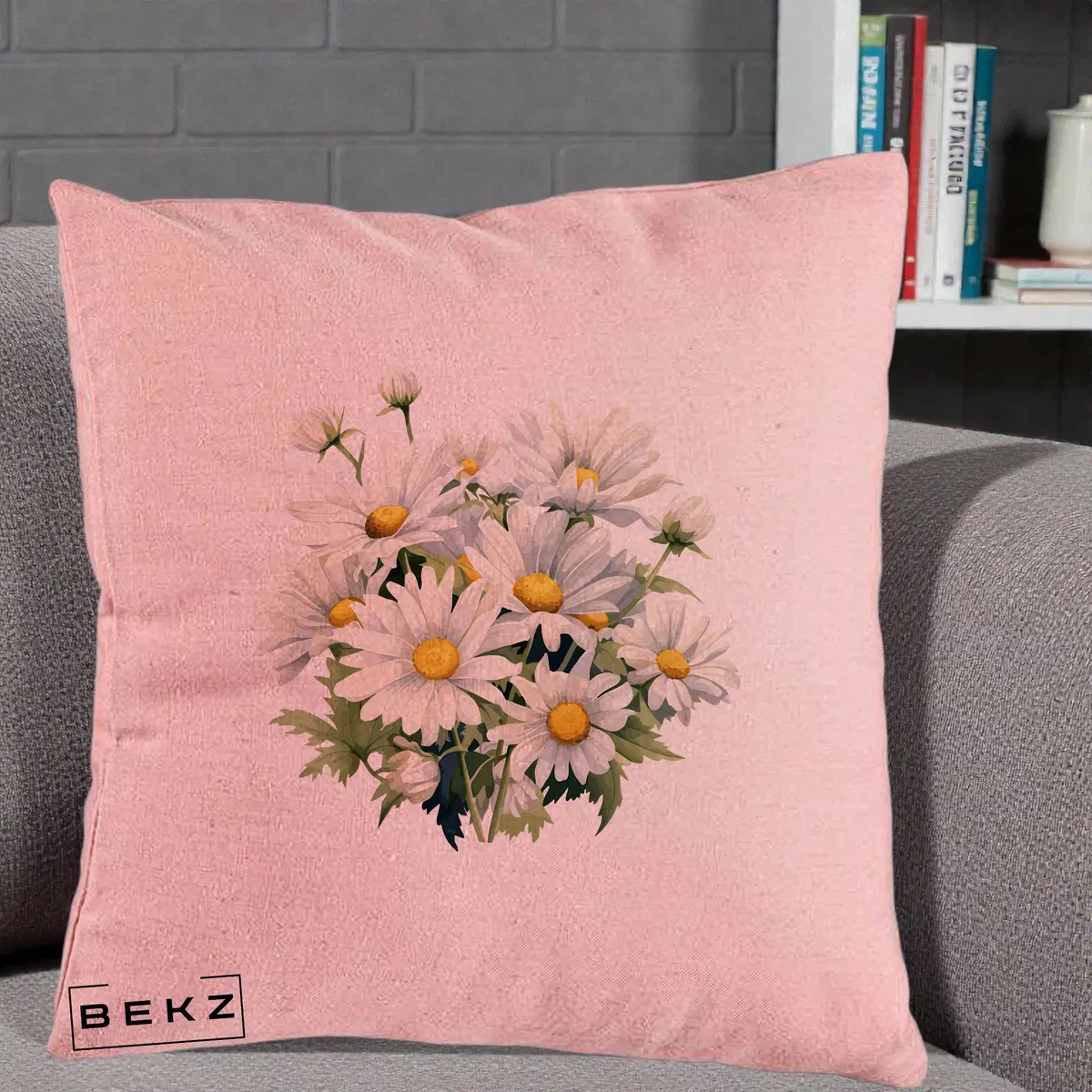 Perna Decorativa Buchet Margarete Albe Acuarela, 40x40 cm, Roz, Husa Detasabila, Perna, BEKZ®