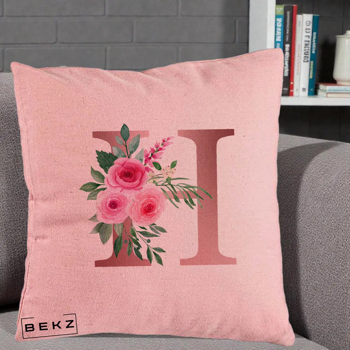 Perna Decorativa Monograma Rose Gold Litera H, 40x40 cm, Roz, Husa Detasabila, Perna, BEKZ®
