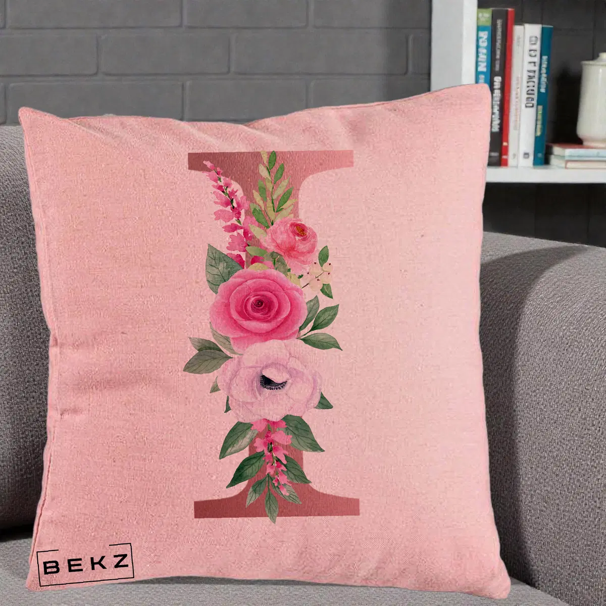 Perna Decorativa Monograma Rose Gold Litera I, 40x40 cm, Roz, Husa Detasabila, Perna, BEKZ®