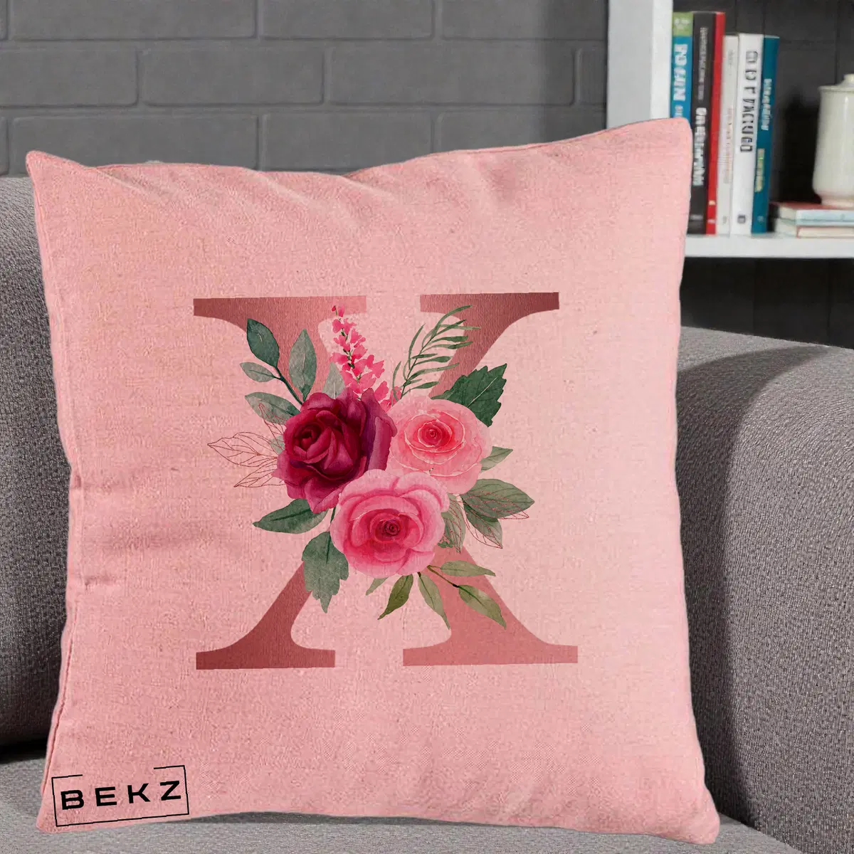 Perna Decorativa Monograma Rose Gold Litera X, 40x40 cm, Roz, Husa Detasabila, Perna, BEKZ®