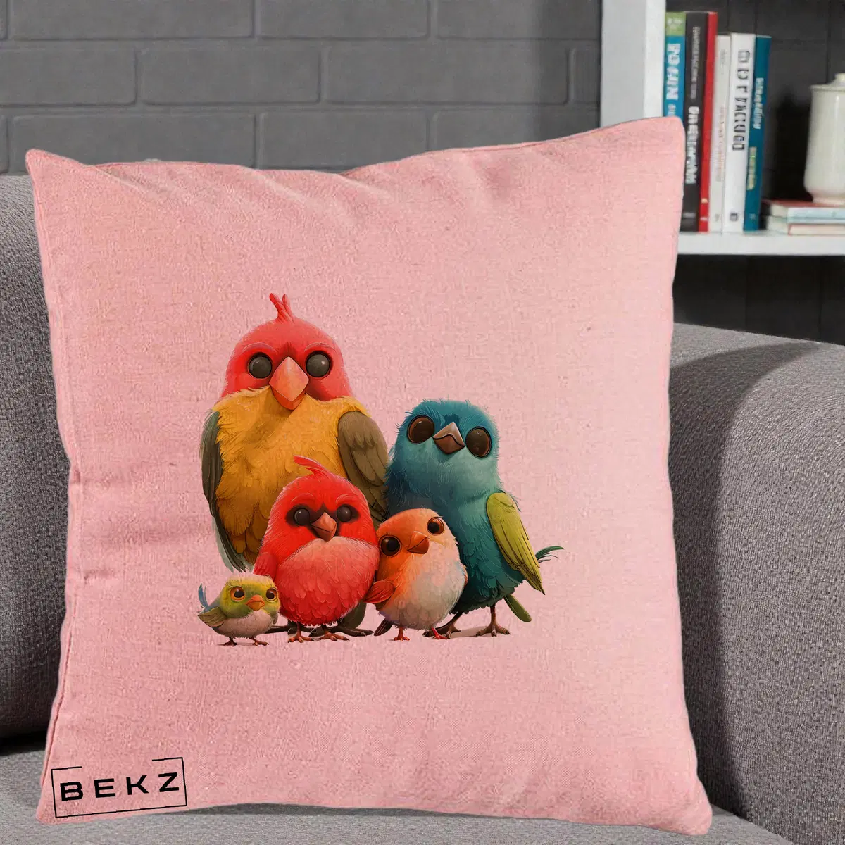 Perna Decorativa Familie de Pasarele Colorate, 40x40 cm, Roz, Husa Detasabila, Perna, BEKZ®