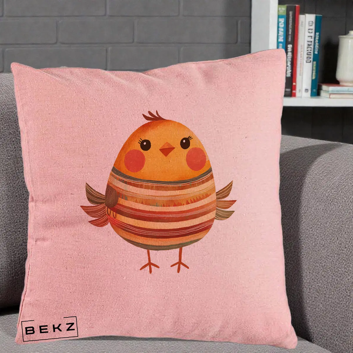 Perna Decorativa Pui Kawaii Portocaliu Dungi Calde, 40x40 cm, Roz, Husa Detasabila, Perna, BEKZ®