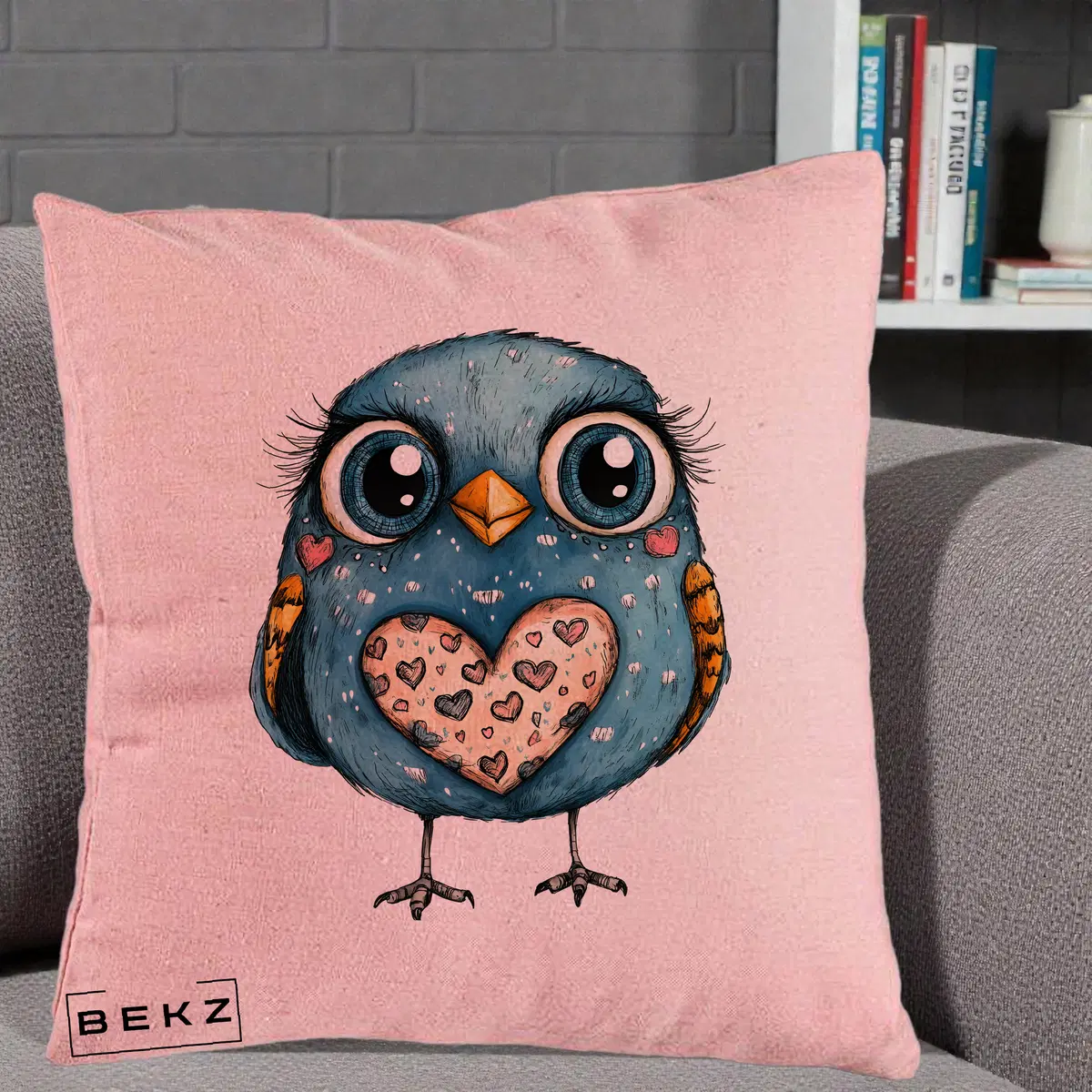 Perna Decorativa Bufnita Albastra cu Inimioare, 40x40 cm, Roz, Husa Detasabila, Perna, BEKZ®