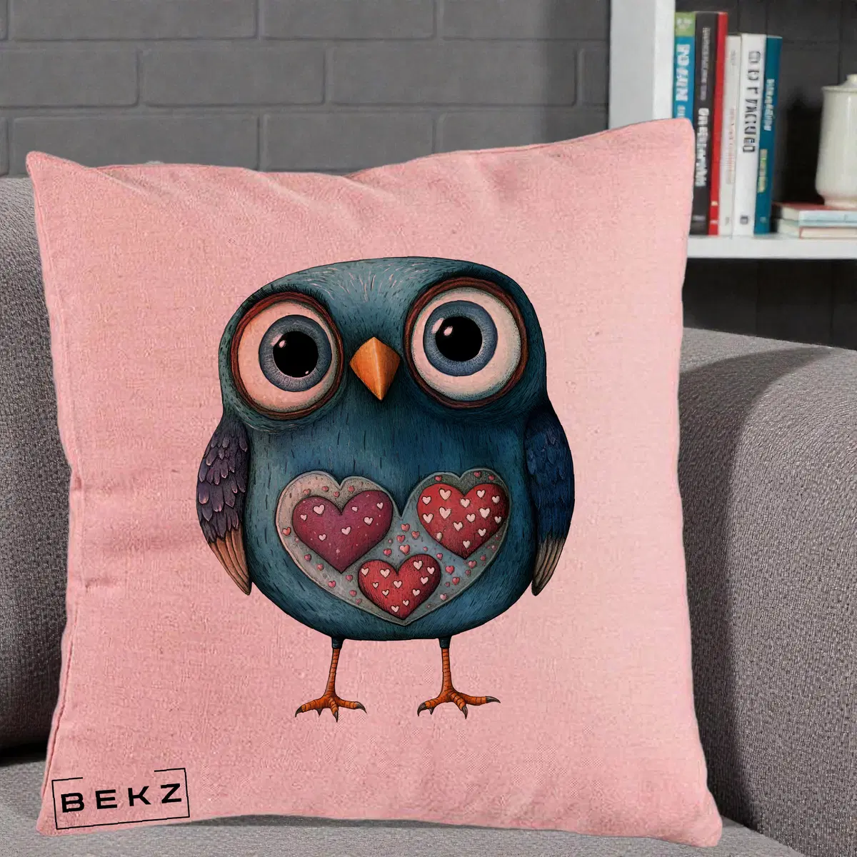 Perna Decorativa Bufnita Teal cu Doua Inimi, 40x40 cm, Roz, Husa Detasabila, Perna, BEKZ®