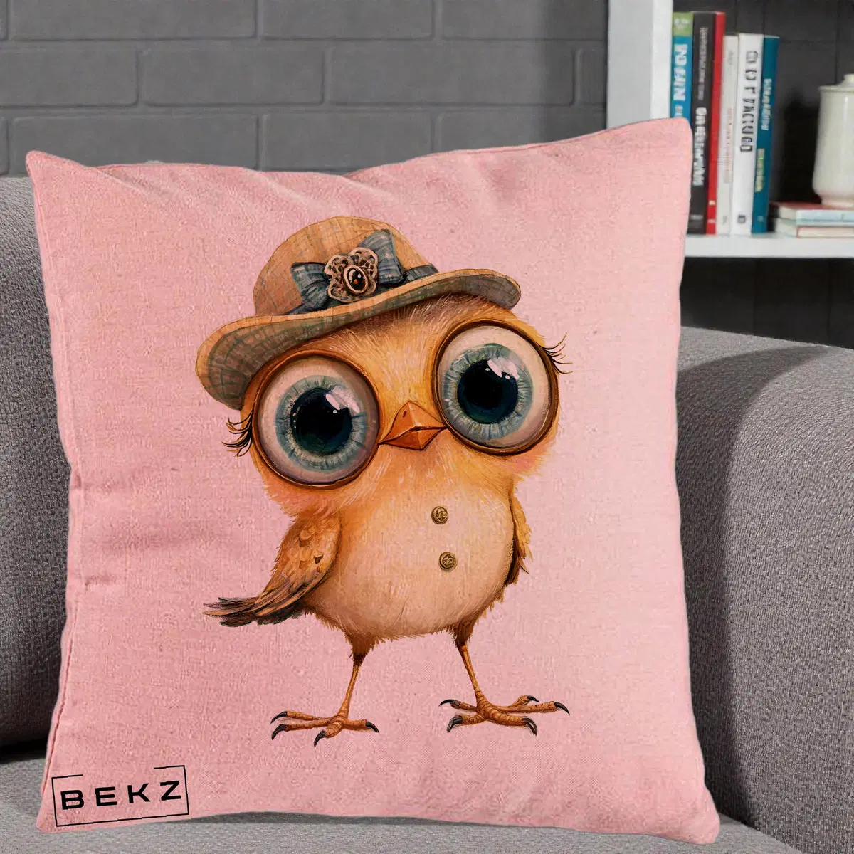 Perna Decorativa Pui Elegant cu Palarie Teal, 40x40 cm, Roz, Husa Detasabila, Perna, BEKZ®