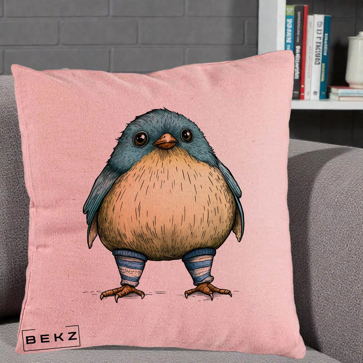 Perna Decorativa Pasare Albastra cu Sosete Albastre, 40x40 cm, Roz, Husa Detasabila, Perna, BEKZ®