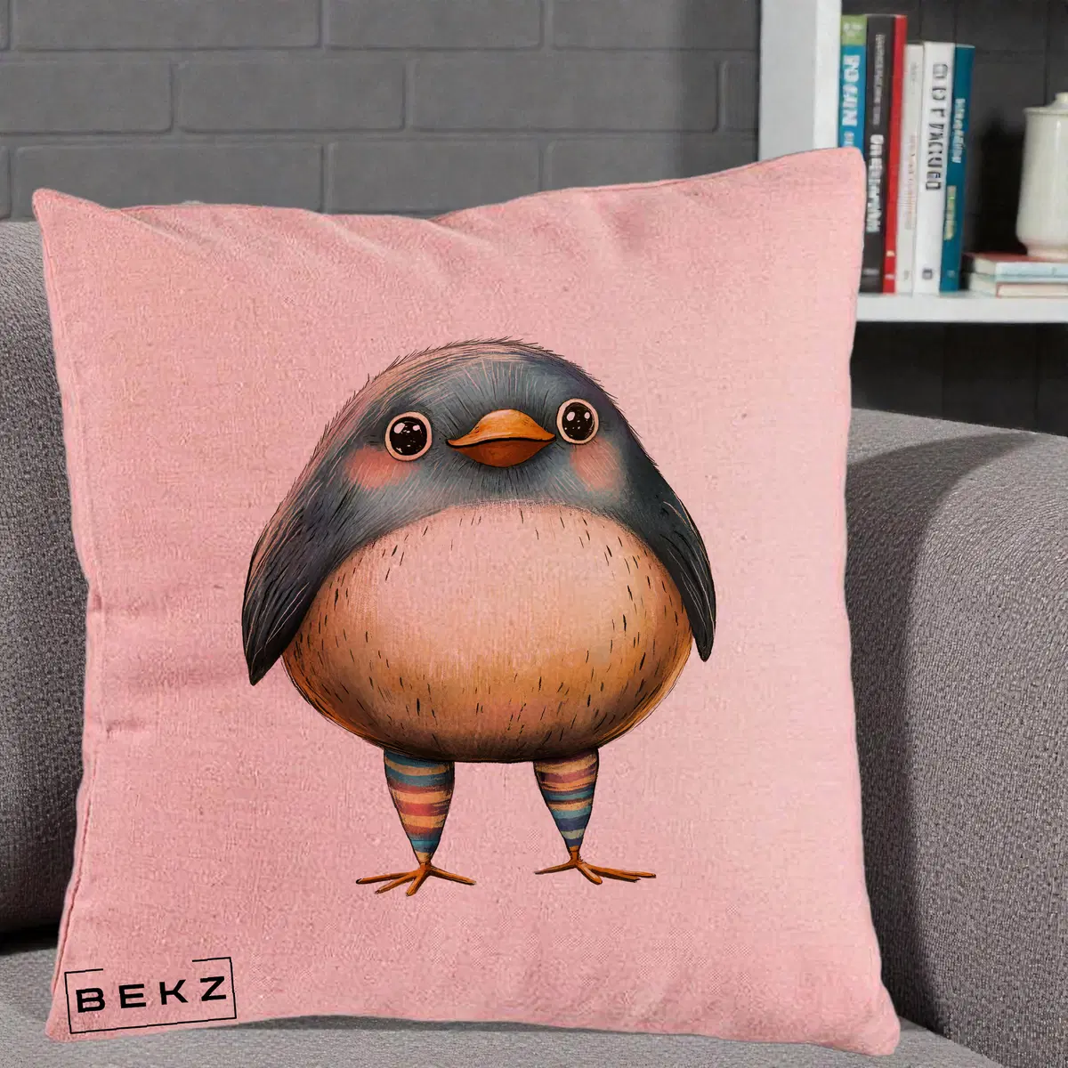 Perna Decorativa Pasare Teal-Bej cu Sosete Curcubeu, 40x40 cm, Roz, Husa Detasabila, Perna, BEKZ®