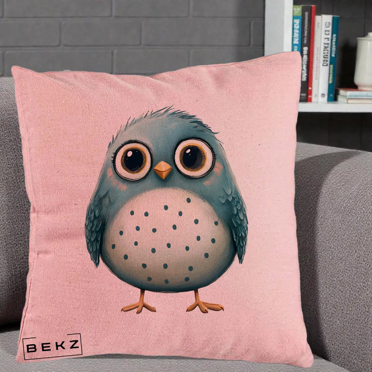 Perna Decorativa Pasare Teal cu Buline Teal, 40x40 cm, Roz, Husa Detasabila, Perna, BEKZ®