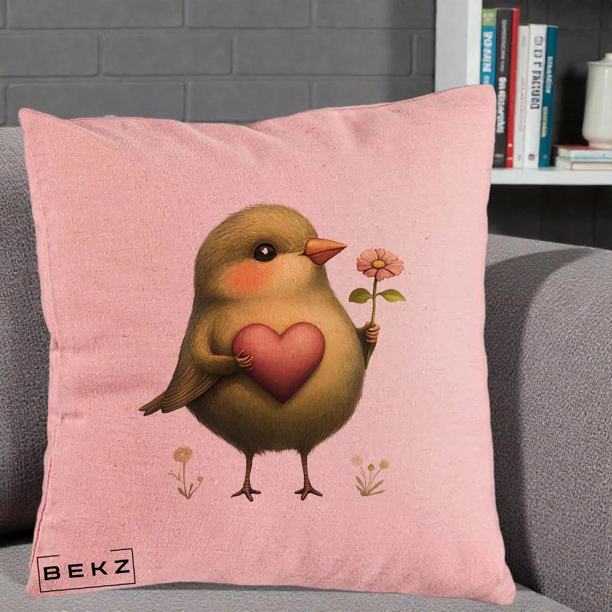 Perna Decorativa Pasare Verde cu Inima si Floare, 40x40 cm, Roz, Husa Detasabila, Perna, BEKZ®