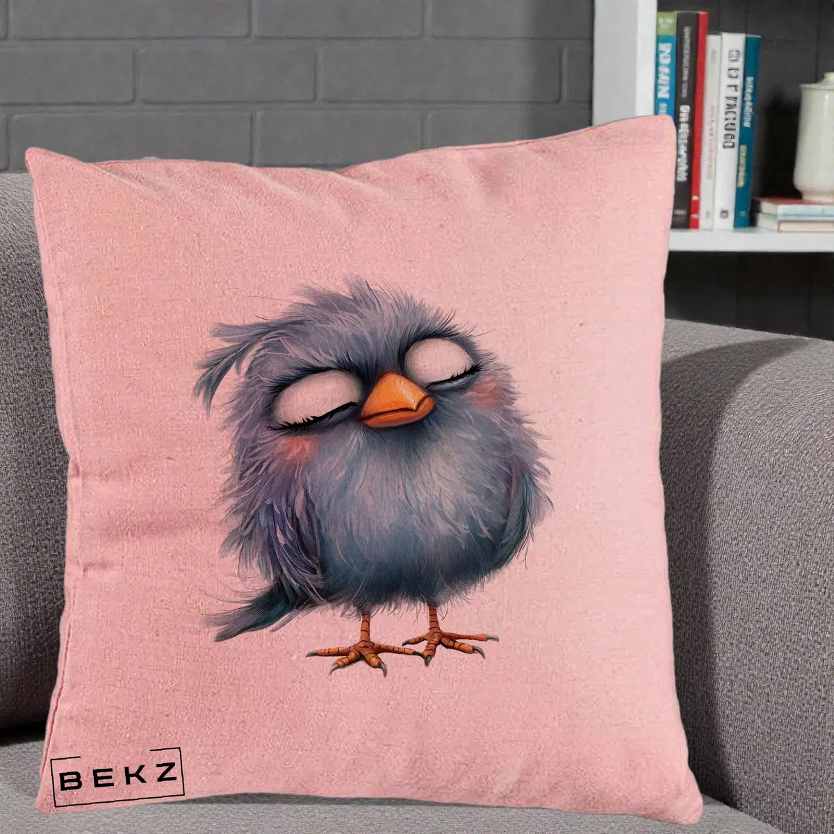 Perna Decorativa Pui Pufos Albastru Adormit, 40x40 cm, Roz, Husa Detasabila, Perna, BEKZ®