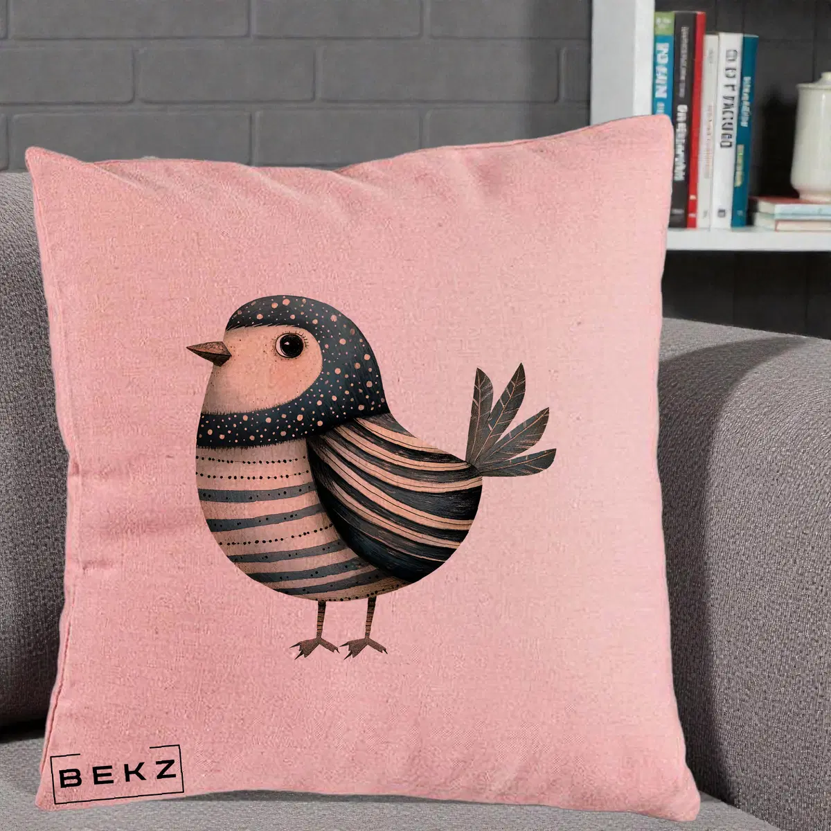 Perna Decorativa Pasare Teal Decorativa Dungata, 40x40 cm, Roz, Husa Detasabila, Perna, BEKZ®