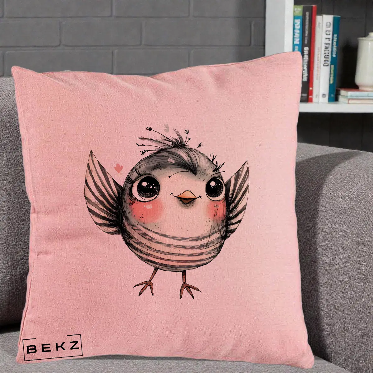 Perna Decorativa Pasare Gri cu Aripi si Inimioare, 40x40 cm, Roz, Husa Detasabila, Perna, BEKZ®