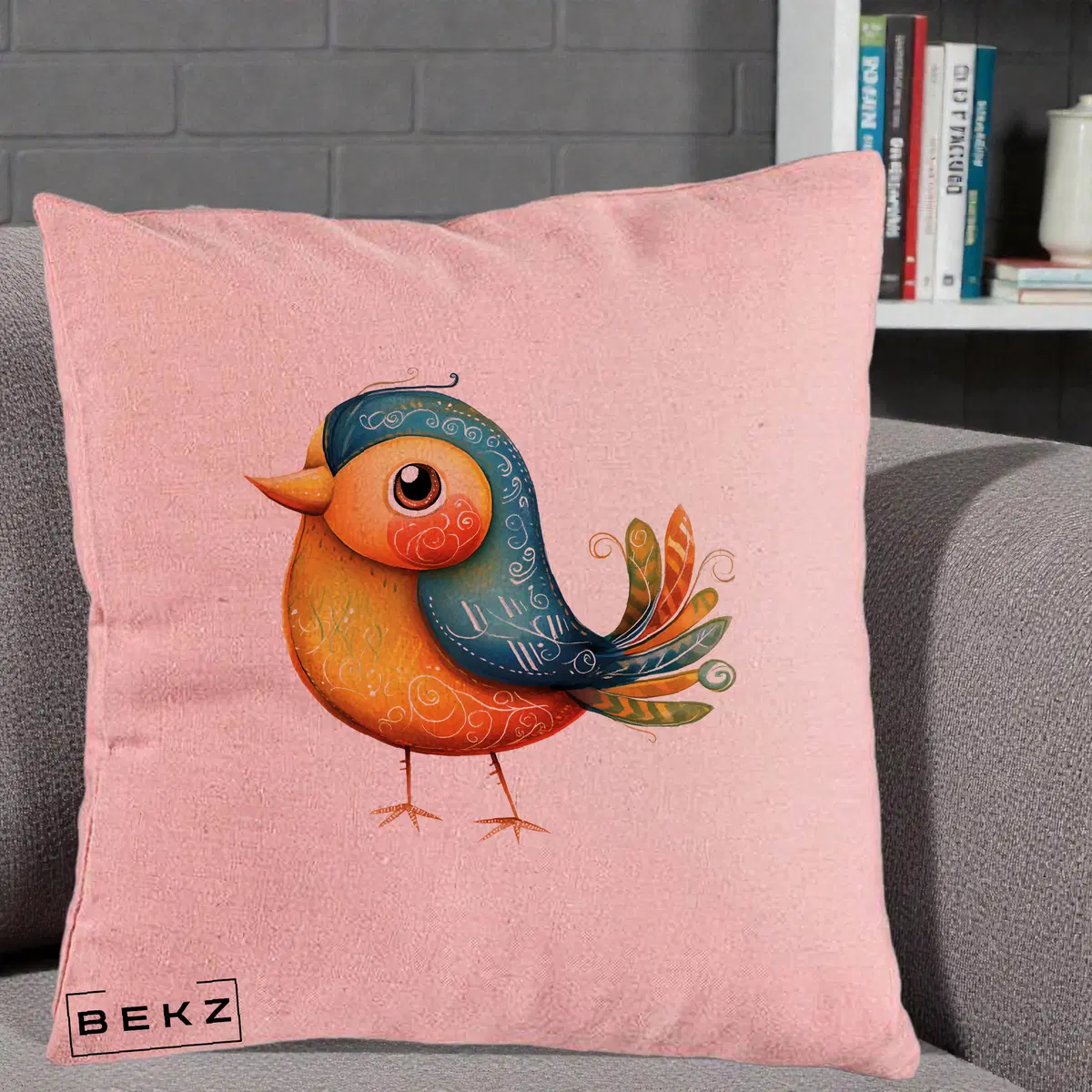 Perna Decorativa Pasare Folk Art Portocalie-Teal, 40x40 cm, Roz, Husa Detasabila, Perna, BEKZ®