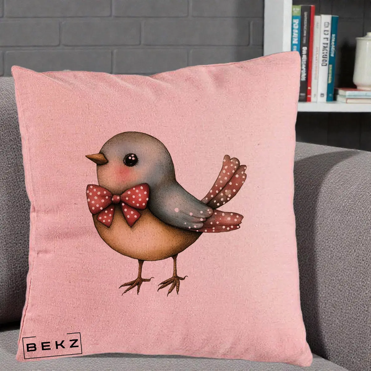 Perna Decorativa Pasare Bleu cu Fundita Rosie, 40x40 cm, Roz, Husa Detasabila, Perna, BEKZ®