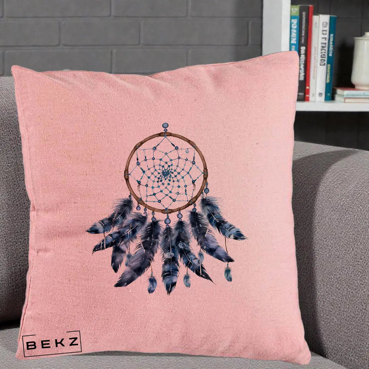 Perna Decorativa Prinzator de Vise cu Pene Albastre, 40x40 cm, Roz, Husa Detasabila, Perna, BEKZ®