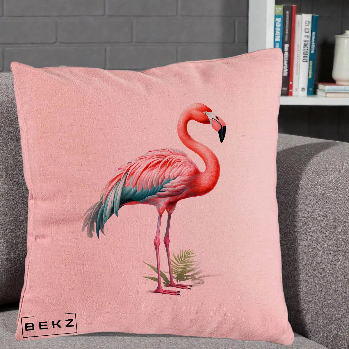 Perna Decorativa Flamingo Roz cu Pene Teal, 40x40 cm, Roz, Husa Detasabila, Perna, BEKZ®