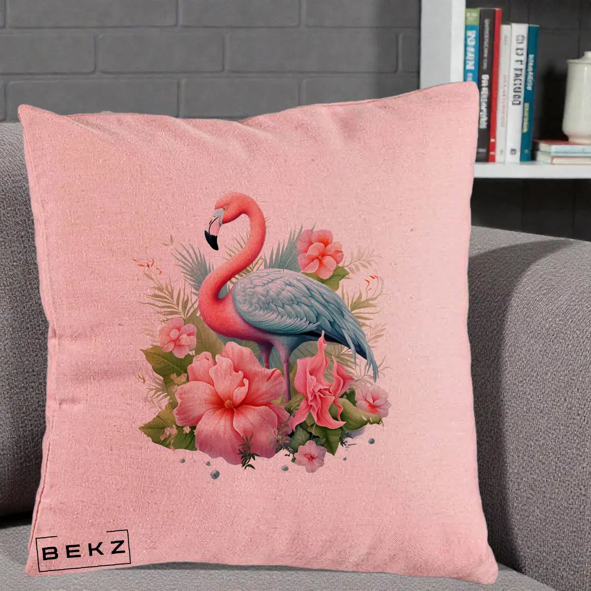 Perna Decorativa Flamingo cu Hibiscus Tropical, 40x40 cm, Roz, Husa Detasabila, Perna, BEKZ®