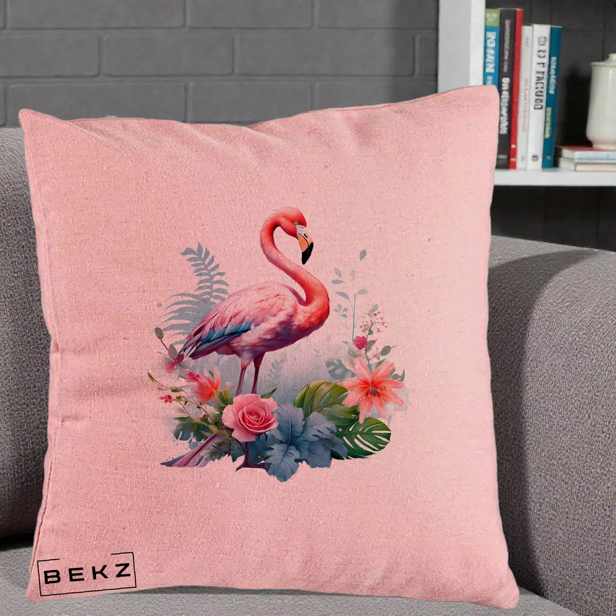 Perna Decorativa Flamingo cu Flori Tropicale Acuarela, 40x40 cm, Roz, Husa Detasabila, Perna, BEKZ®