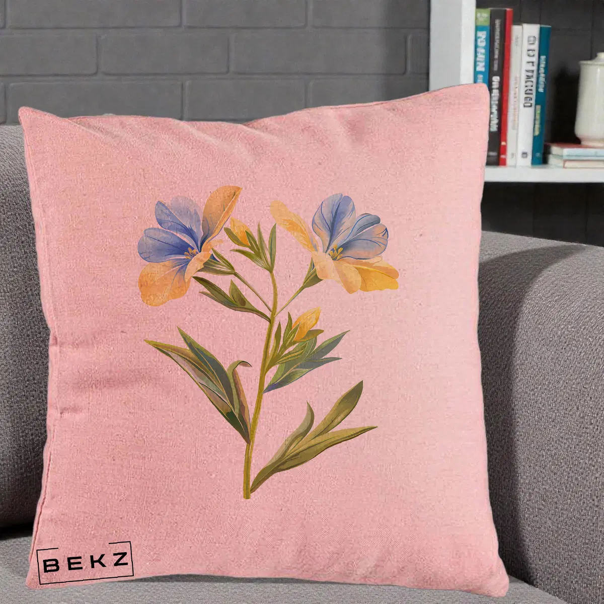 Perna Decorativa Botanica Frezie Galbena si Albastra, 40x40 cm, Roz, Husa Detasabila, Perna, BEKZ®